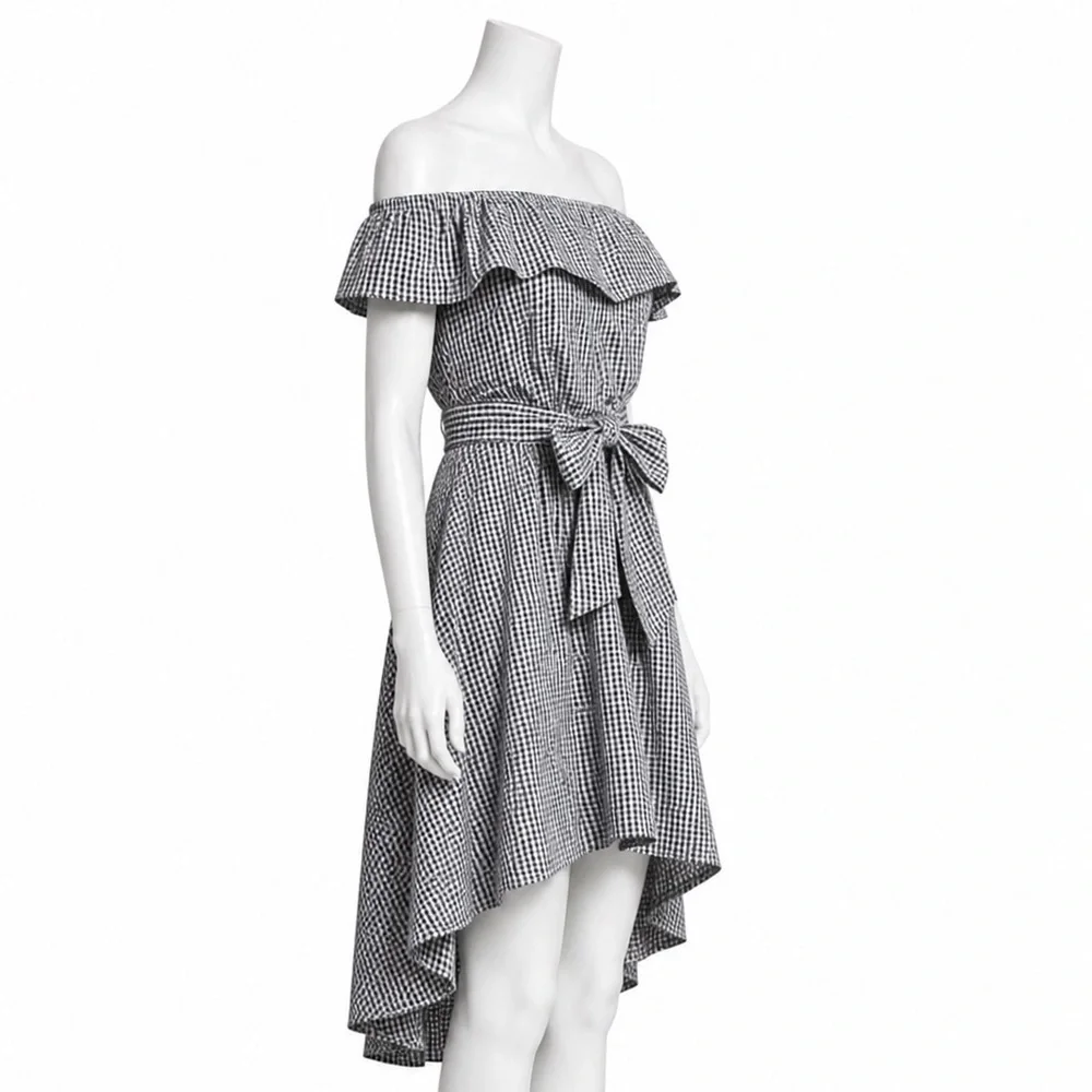 Saks Fifth Avenue Gingham Off-Shoulder Hi-Low Dress Tie Waist Black White M